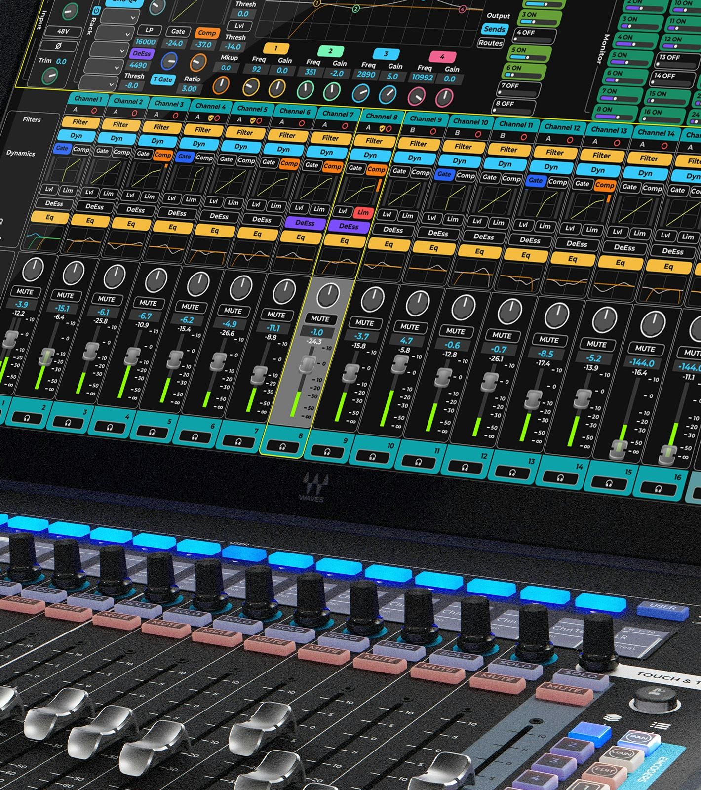 Detail dotykové obrazovky a faderů pultu Waves eMotion LV1 Classic – snímek Waves
